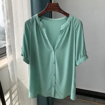 

100% Silk Women's V-neck Blouse Summer Elegant single-breasted short sleeve OL Office shirt and top