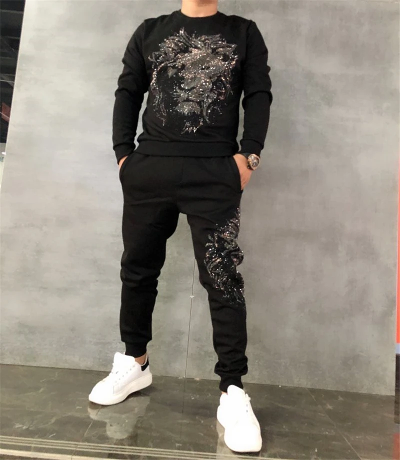 Ropa Deportiva negra de lujo hombre, de León brillante, chaqueta de invierno, sudadera + Pantalones, ropa informal, camisas ajustadas|Conjuntos para hombres| - AliExpress
