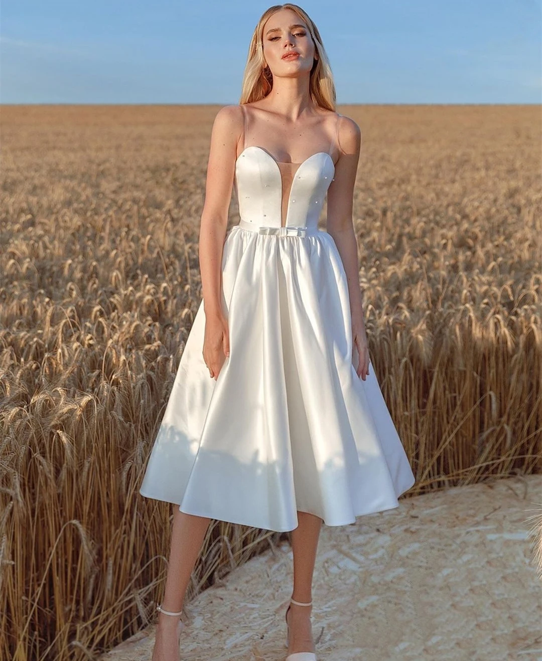 Женское свадебное платье без рукавов, белое ТРАПЕЦИЕВИДНОЕ платье до колен с жемчугом, Простое Элегантное платье для женщин, 2021