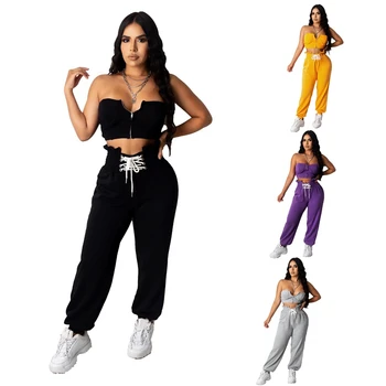 

Women Sets Summer Tracksuits Slim Strapless Skinny Crop Tops+Pants Suit Two Piece Set Night Club Outfits