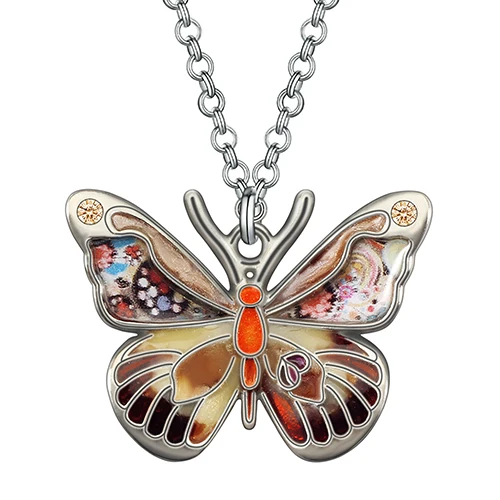Bonsny Enamel Crystal Alloy Floral Insect Butterfly Necklace Pendant Chain Fashion Party Jewelry For Women Girl Teens Charm Gift Brown