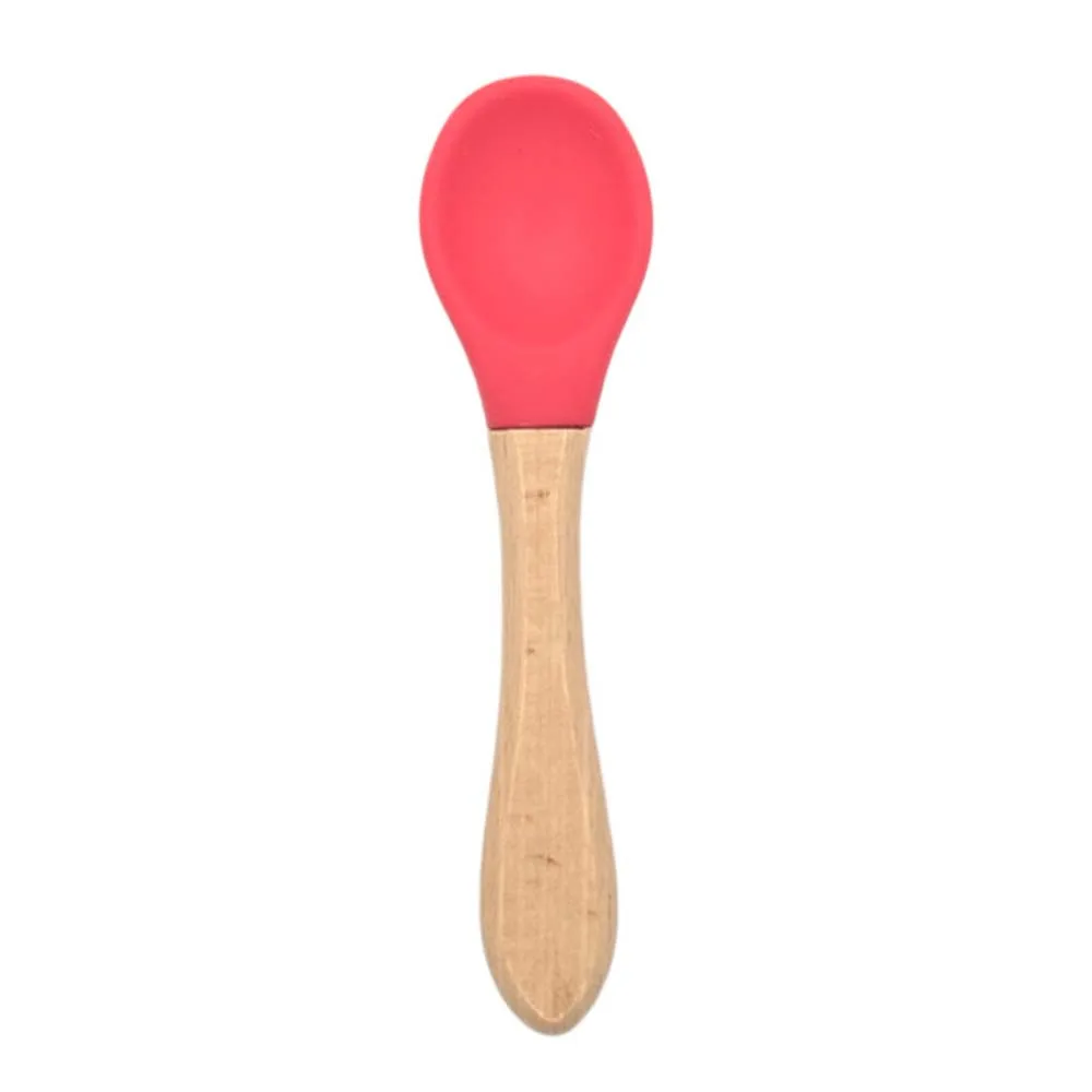 Red-Spoon 1 шт., детская ложка, вилка, безопасная посуда для кормления, столовые приборы, деревянная силиконовая посуда, Детские аксессуары для кормления младенцев, посуда - Цвет: Red-Spoon