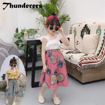 

Thunderers Summer Children's 2pcs Outfits Solid Shirt With Printed Pineapple Skirt Striped Kids Clothes Suits Toddler Clothing