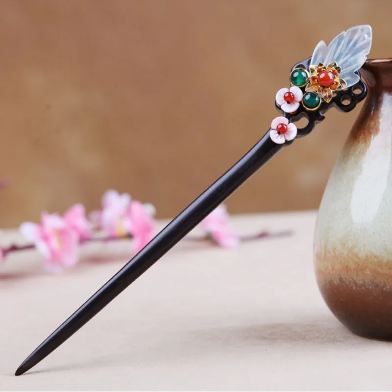 Черный Kanzashi, заколка для волос, черное дерево, нефрит, японский стиль, кимоно, юката, аксессуары, заколка для волос, булочка, держатель с палочкой HS005 - Цвет: Черный