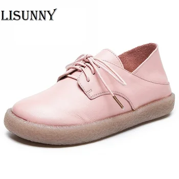 

2020 Genuine Leather Women Shoes Lazy Stepping Flats Shoes Casual Lace-Up Woman Soft Leather Retro Cow Leather Female Shoes