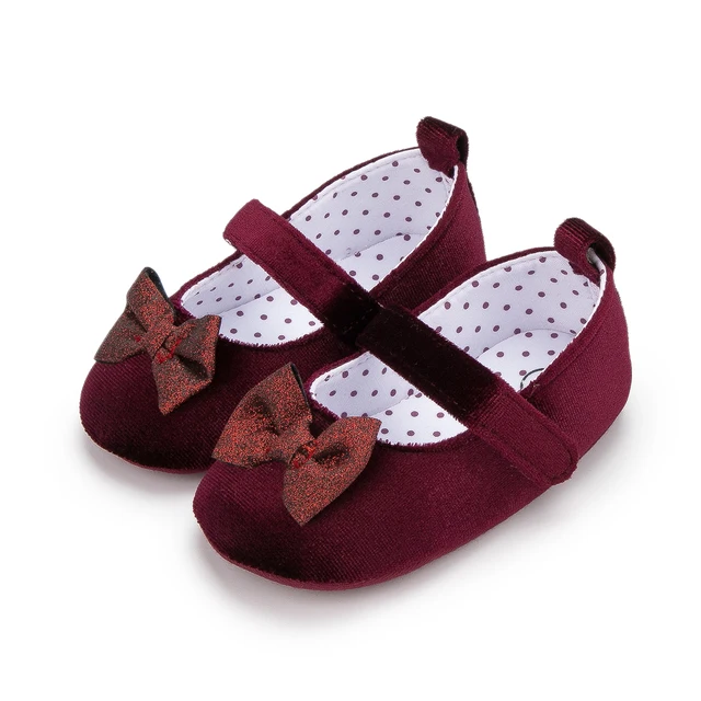 Baby Girl Princess Shoes Toddler Non-slip Flat Soft-sole Cotton Rubber Crib Lovely Butterfly-knot Infant First Walkers 0-18m wine red