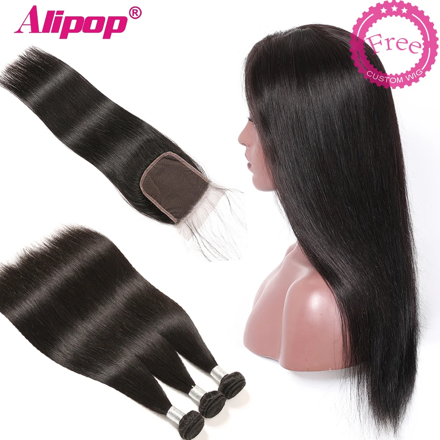 Brazilian Human Hair Bundles With Closure Can Be Customized a Wig For Free Straight Hair Bundles With Closure ALIPOP Remy Hair