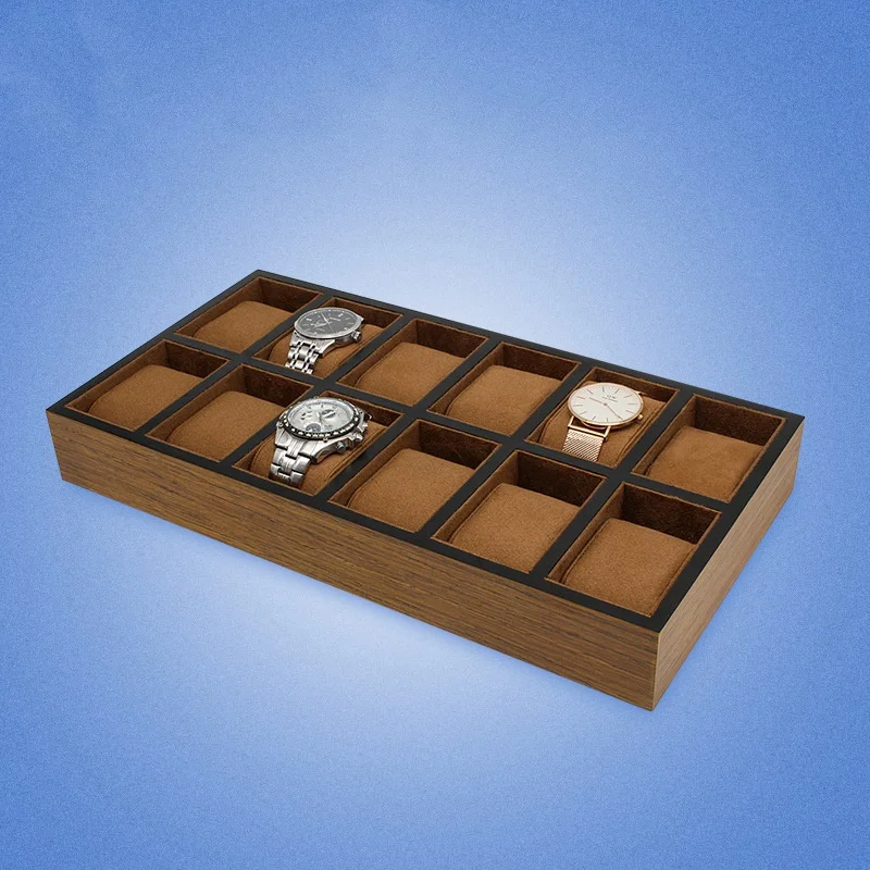 12 Slot Wood Lacquered Fabric Insert Cuff Jewelry Watch Display Organizer Storage Tray