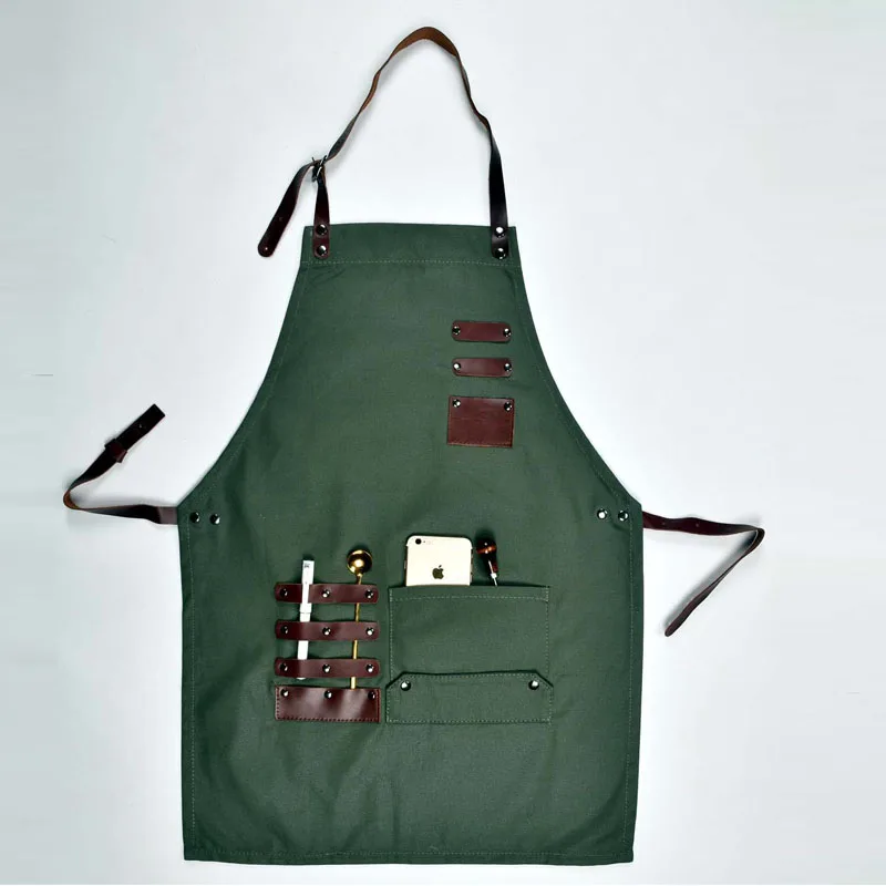  Canvas Apron with Cross-Back Straps & Adjustable Storage Apron With Genuine Leather Adult Bib Heavy