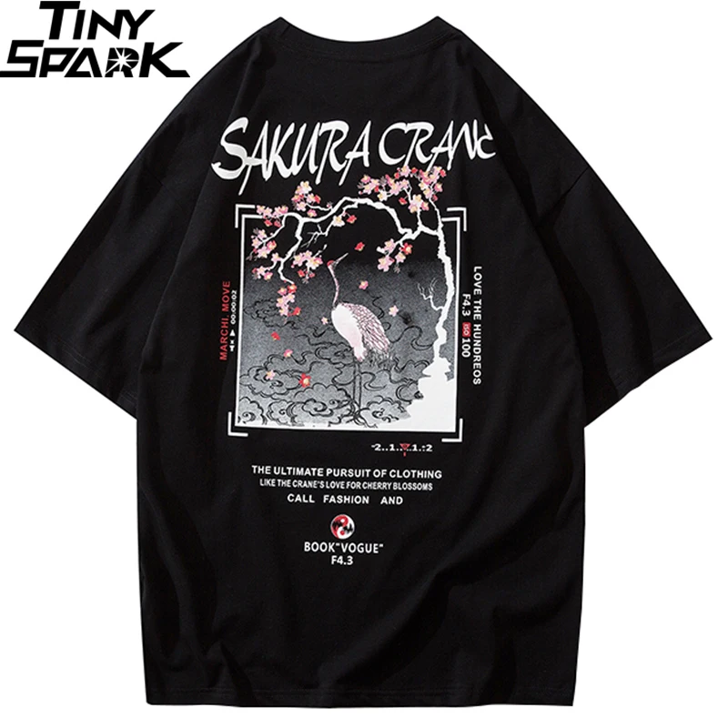Футболка мужская хип-хоп Японская уличная одежда Harajuku Sakura Crane футболка с коротким рукавом Хлопок Япония уличная одежда футболка мода