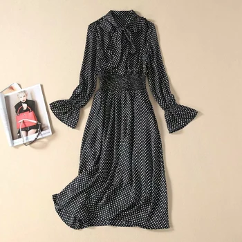 

Print Long Sleeve Flare Sleeve Bow Elastic Slim Temperament Party Black Dot Mid-Length Dress Spring Summer High Quality New