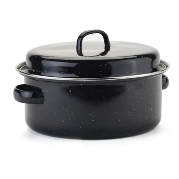 

Round Enamel Roaster Tin with Lid Oven Roasting Baking Dish Tray Black Steamer Pot Cooking Kitchen Tool Cookware