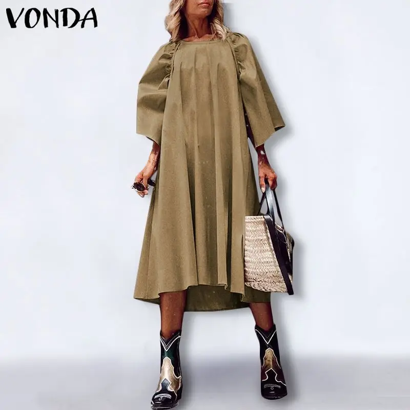 

Plus Size VONDA Women Party OL Dress Vintage 3/4 Sleeve Solid Bohemian Holiday Sundress Party Long Dress Vestidos Robe Femme