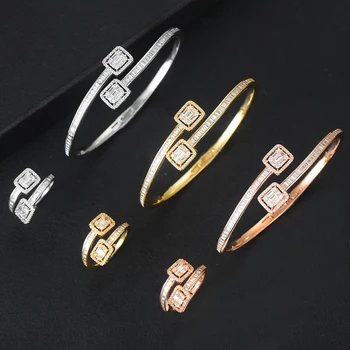 

GODKI Elegant 2PCS Open Bracelet Ring Set for Noble Women Party Show Hands Jewelry Unique Ring Full Fine CZ Bridal Wedding