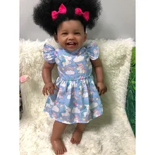 Poupée de renaissance en Silicone pour bébé, Imitation de poupée noire, cheveux bouclés, jupe fleurie cassée, cadeau de vacances pour enfants 