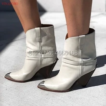 Г. Зимние ботинки с острым металлическим носком женские ботильоны на высоком каблуке-шпильке белые, желтые, красные кожаные ботинки, модная дизайнерская обувь Mujer