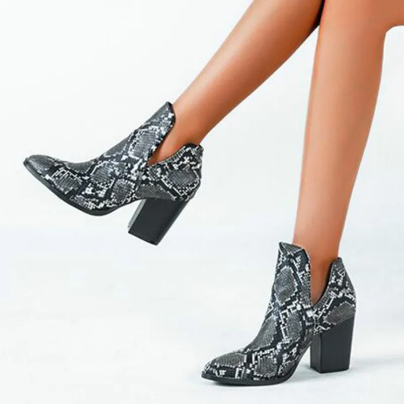 

Snakeskin short boots women 2020 new high heeled fashion autumn woman shoes thick with d printed comfort ladies booties