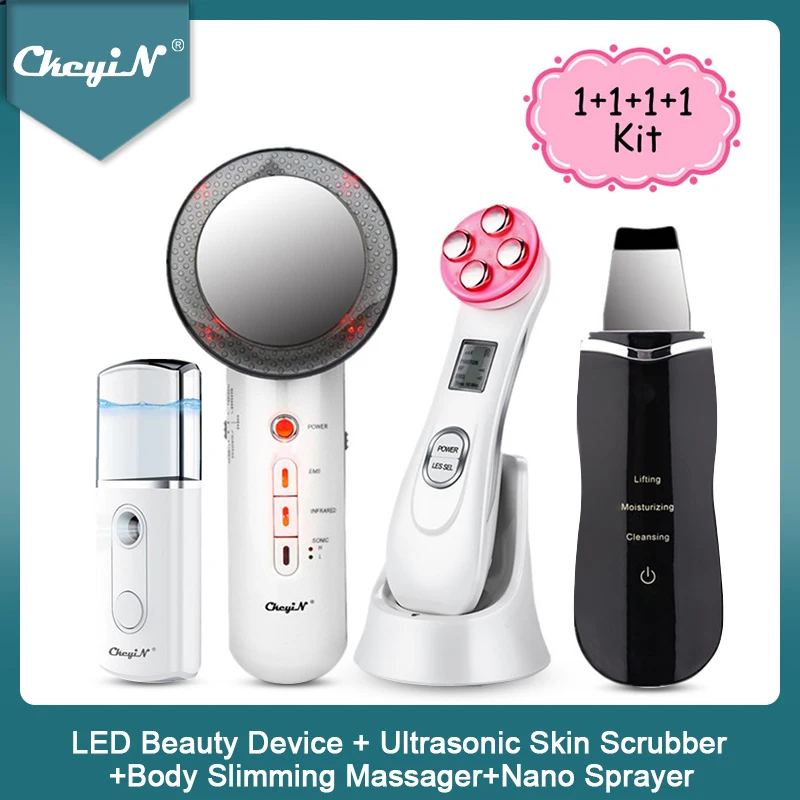 EMS LED Light Facial Skin Care Beauty Machine Face Ultrasonic Skin Scrubber Cavitation Body Slimming Massager Nano Sprayer 48