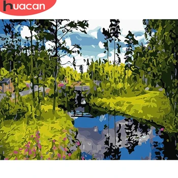 

HUACAN Picture By Number Lake Landscape Wall Art Oil Painting By Number Forest Drawing Canvas Acrylic Handpainted Home Decor
