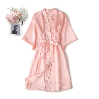 

Solid Satin Bride Bridesmaid Wedding Robe Women Silky Kimono Gown Summer Sleepwear Female Casual Bathrobe Gown Home Dress