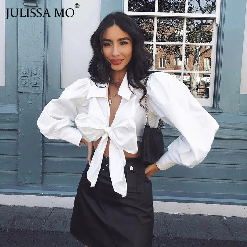 Julissa mo элегантная белая блузка с галстуком-бабочкой, рубашка, Женская Сексуальная рубашка с v-образным вырезом и рукавом-фонариком, короткая рубашка для офиса, женские топы на шнуровке, Blusas Mujer