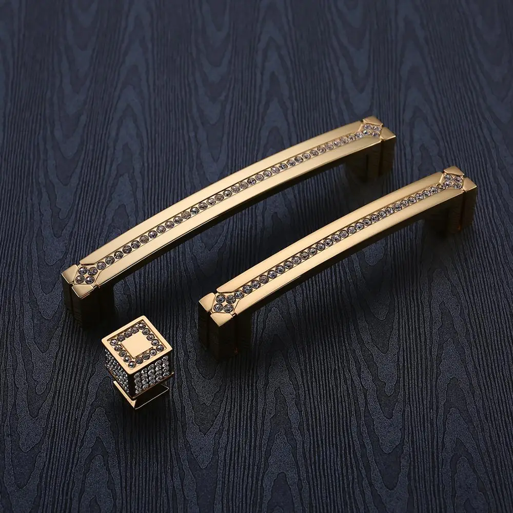 Cabinet Knobs 24K Real Gold Czech Crystal Drawer Door Handle Furniture Knobs Pull Handles Never Fade Gold & Chrome
