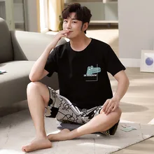Summer Cartoon Pajamas for Men Sleepwear Short Sleeve Sleep Tops Male Pajama Sets Naughty Bear Print Patchwork Pijama Men's Set