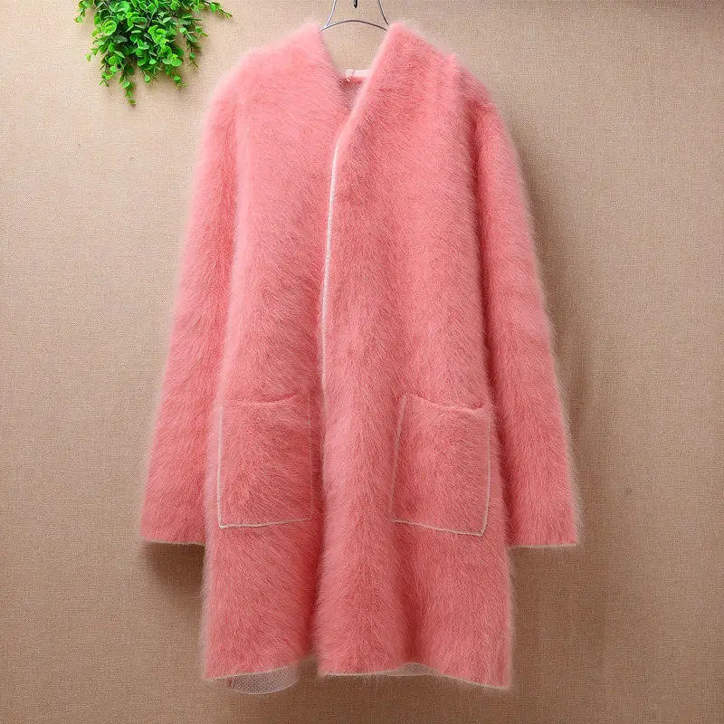 Розовый свитер для женщин pull femme свободный толстый теплый зимний норковый кашемировый с капюшоном Ангорская шуба куртка кардиган мантия - Цвет: Body90cm Chest100cm