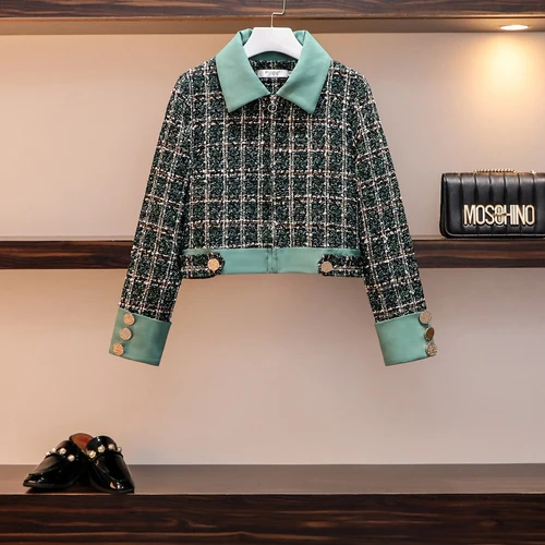 green jacket Разноцветные твидовые Лоскутные Комбинезоны, Сетчатое платье, комплект из 2 предметов, весна, женские короткие куртки и клетчатые милые платья в стиле преппи - Цвет: green jacket