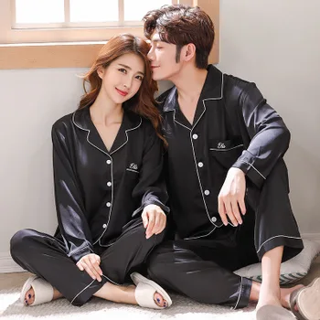 

New satin chiffon couple pajamas spring long-sleeved men's pajamas 2 pieces set silk plus size ladies home pajamas
