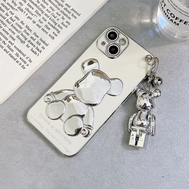 Fashion Smiley Bear With Lanyard Case For iPhone 11 12 13 Pro Max Mini 7 8 Plus XR X XS MAX Trend Creative Luxury Original Cover Mirror Silver