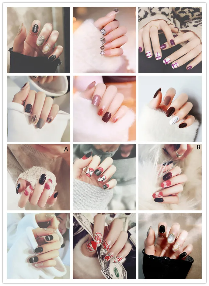 24PCS/set Fashion Style Finished False Nails Round/Square Head Full Nail Tips Patch Lady Bride Fake Nails Art Tool Multi Styles