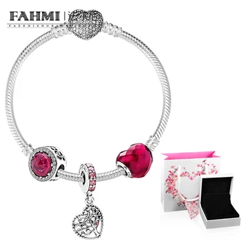

2020 100% 925 Sterling Silver 1:1 Delicate Rose Red Heart Beaded Silver Love Tree Pendant Bracelet XZT0081 Valentine's Day Gift