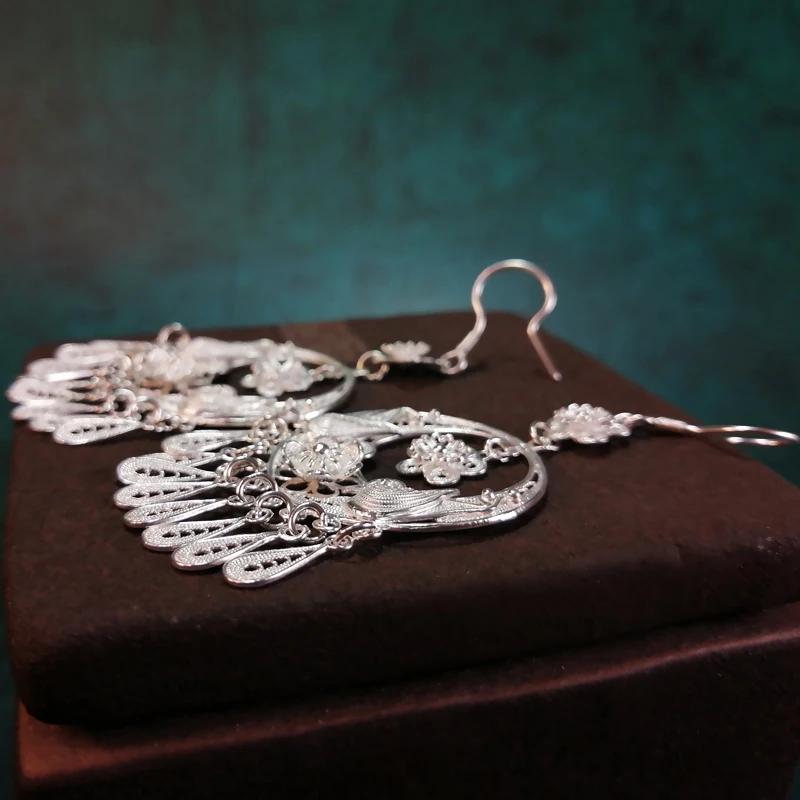 Богемные серьги-подвески в форме капли с большой круглой кисточкой из стерлингового серебра 999 пробы, винтажные китайские этнические ювелирные изделия ручной работы из серебра Мяо