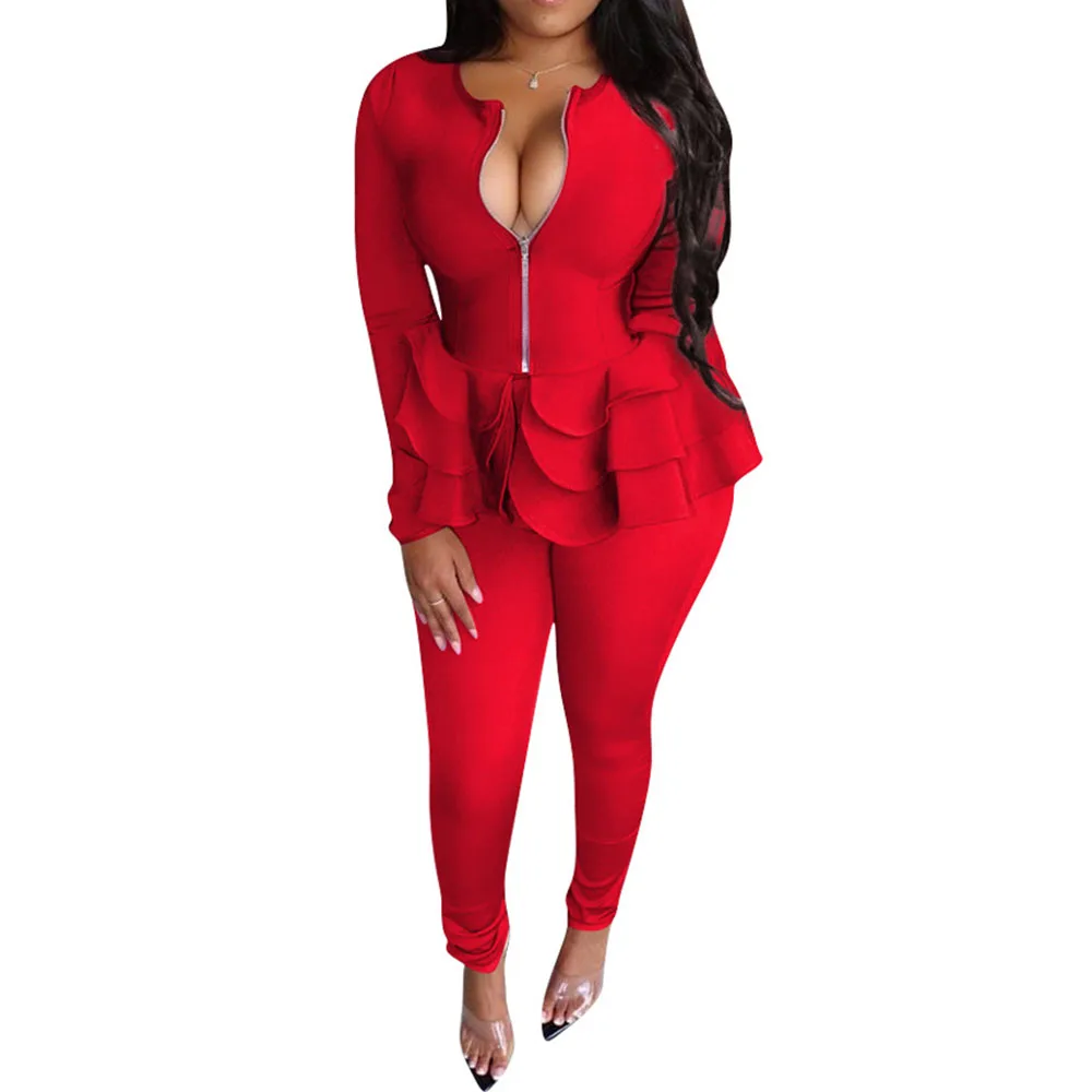 Two Piece Sets Women Autumn Elegant Solid Long Sleeve Sexy V Neck Ruffles Tops and Pancil Pants Office Ladies Causal Suits |