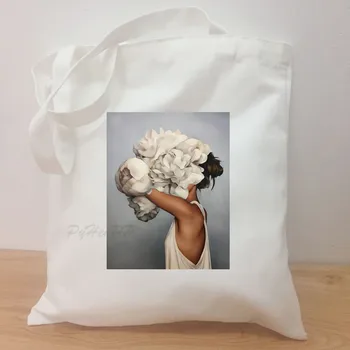 

New Handbags Cloth Canvas Tote Bag Aesthetics Sexy Flower Feather Shopping Travel Women Eco Reusable Shoulder Shopper Bags