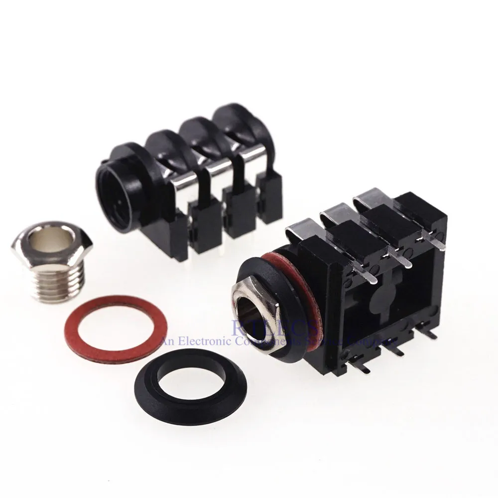 200pcs 1 4 6 35 mm stereo phone Jack socket Headphone Connector 3 conductor 6 contact through hole right angle 3 switch bushing