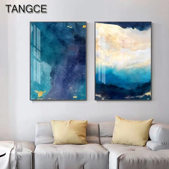 

Abstract Gold Navy Blue Canvas Painting Modern Home Decoration Fashion Wall Art Picture for Living Room Yellow Poster and Print