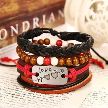 

IFMIA Vintage Wood Beaded Rope Chain Bracelet for Women Men Fashion 2019 Love Double Heart Carved Bracelet Leather Charm Jewelry