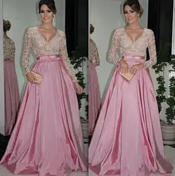 robe de soiree V Neck Beaded Bodice Ruffled Taffeta A-Line Evening party gown With Long Sleeves 2018 mother of the bride dresses