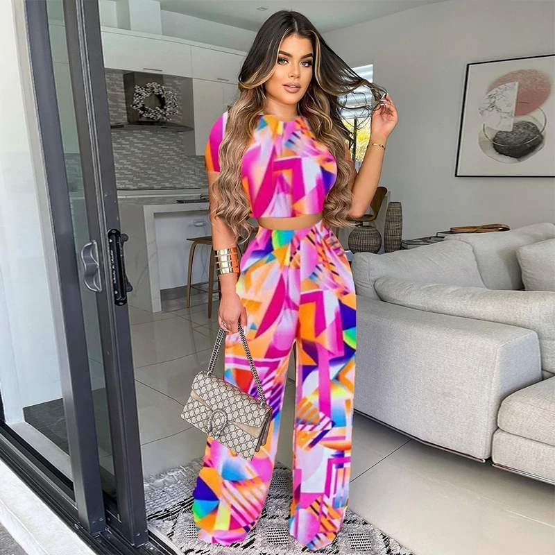 

Women 2 Piece Set Tie Dye Short Sleeve O-Neck Crop Top Wide Leg Pants Sexy Club Matching Outfits Fall