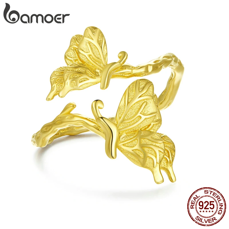 

bamoer authentic 925 Sterling Silver Dancing butterfly Open Adjustable Finger Rings for Women Gold Color Party Jewelry BSR077