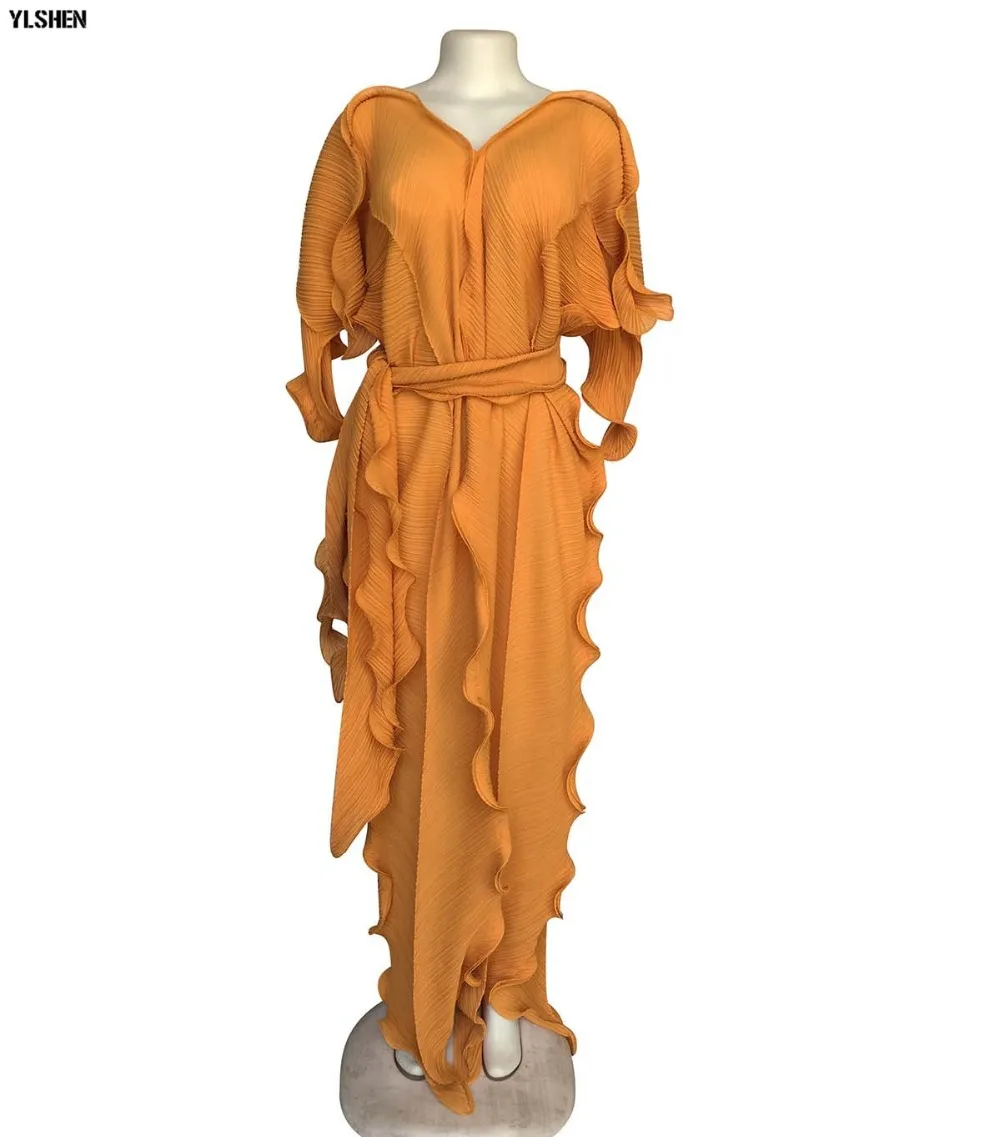 New African Dresses for Women Dashiki Falbala African Dress Clothes Bazin Riche Sexy Pleat V-neck Long Africa Maxi Dress Woman 104