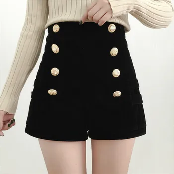 

Autumn Winter Shorts Women's Korean High-Waist Double-breasted Velvet Shorts OuterWear Thick Wide-Leg Boots Short