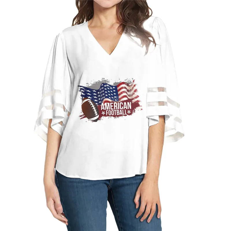 

White Women Chiffon Blouse Football Pattern Deep V-neck Bell Sleeves Loose Tops Sexy Shirts 2020 New Ladies Plus Size Blouse