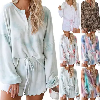 

Women Long Sleeve Blouse Drawstring Shorts Homewear Loungewear Set Outfits blusa de frio feminina одежда для женская