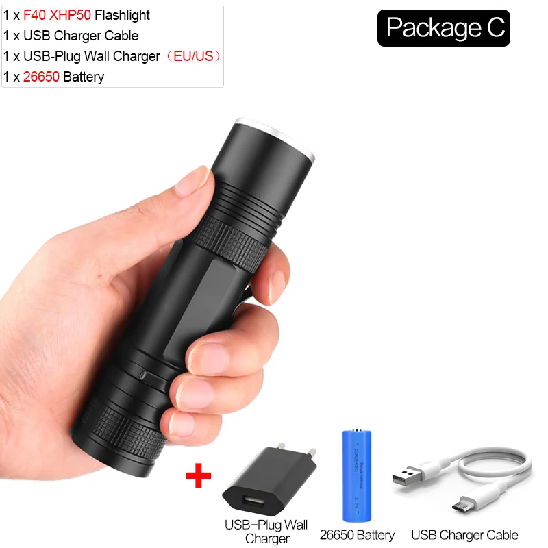 Package C 6000 люмен лампа xhp50 самый мощный фонарик usb Zoom linterna светодиодный фонарь xhp50 18650 или 26650 перезаряжаемый аккумулятор для охоты - Испускаемый цвет: Package C