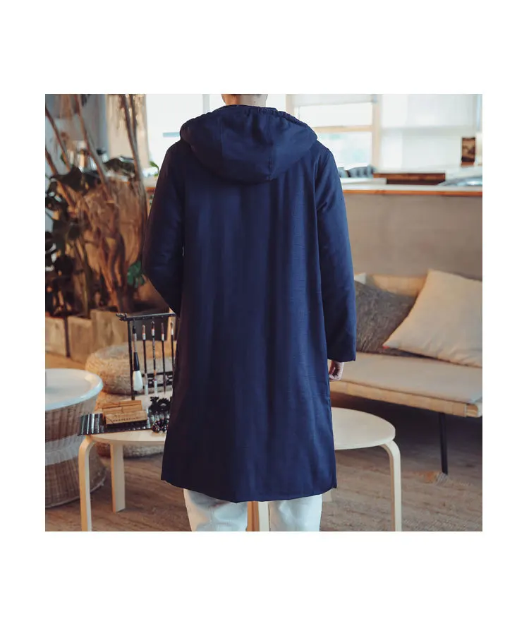 Winter New Style Cotton Linen Retro Frog Hooded Cotton-padded Clothes Men's Middle Long Coat