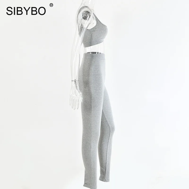 SIBYBO ребристый осенний комплект из двух предметов с высокой талией, женская спортивная одежда без рукавов, укороченный топ и штаны, комплект с открытой спиной, повседневные женские спортивные костюмы