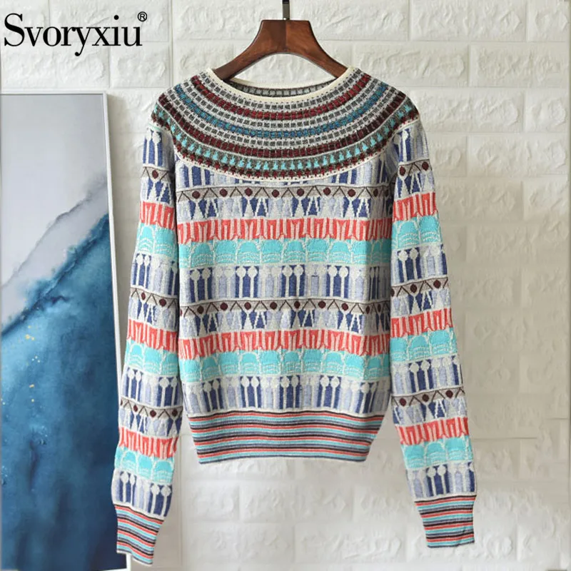 

Svoryxiu Autumn Winter Runway Wool Sweater Pullovers Women's Long Sleeve Vintage Pattern Gold Line Knitting Jumper Top